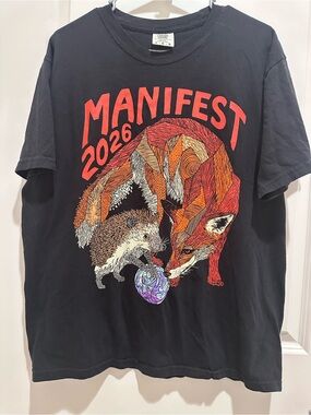 Black 'Manifest 2026' Graphic Tee with Fox & Hedgehog Size